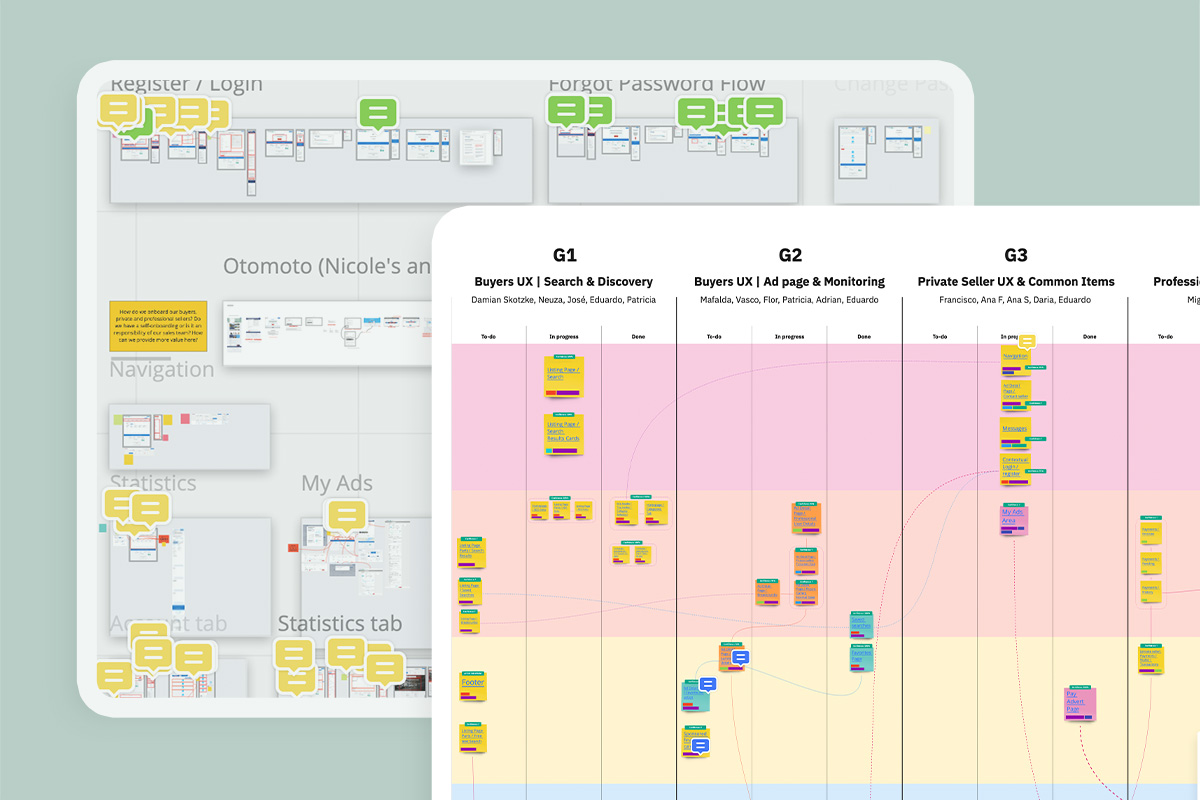 Montage of two mapping exercises showcasing issues and opportunities for improving a product's UX.