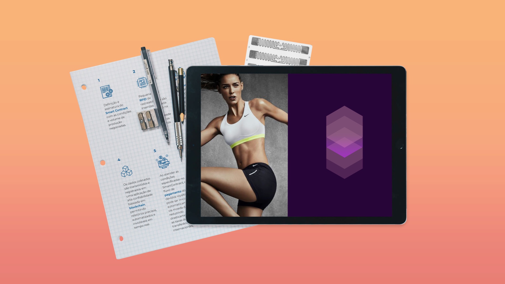 An ipad showing a picture of a female athlete and the abstract logo of a startup company.