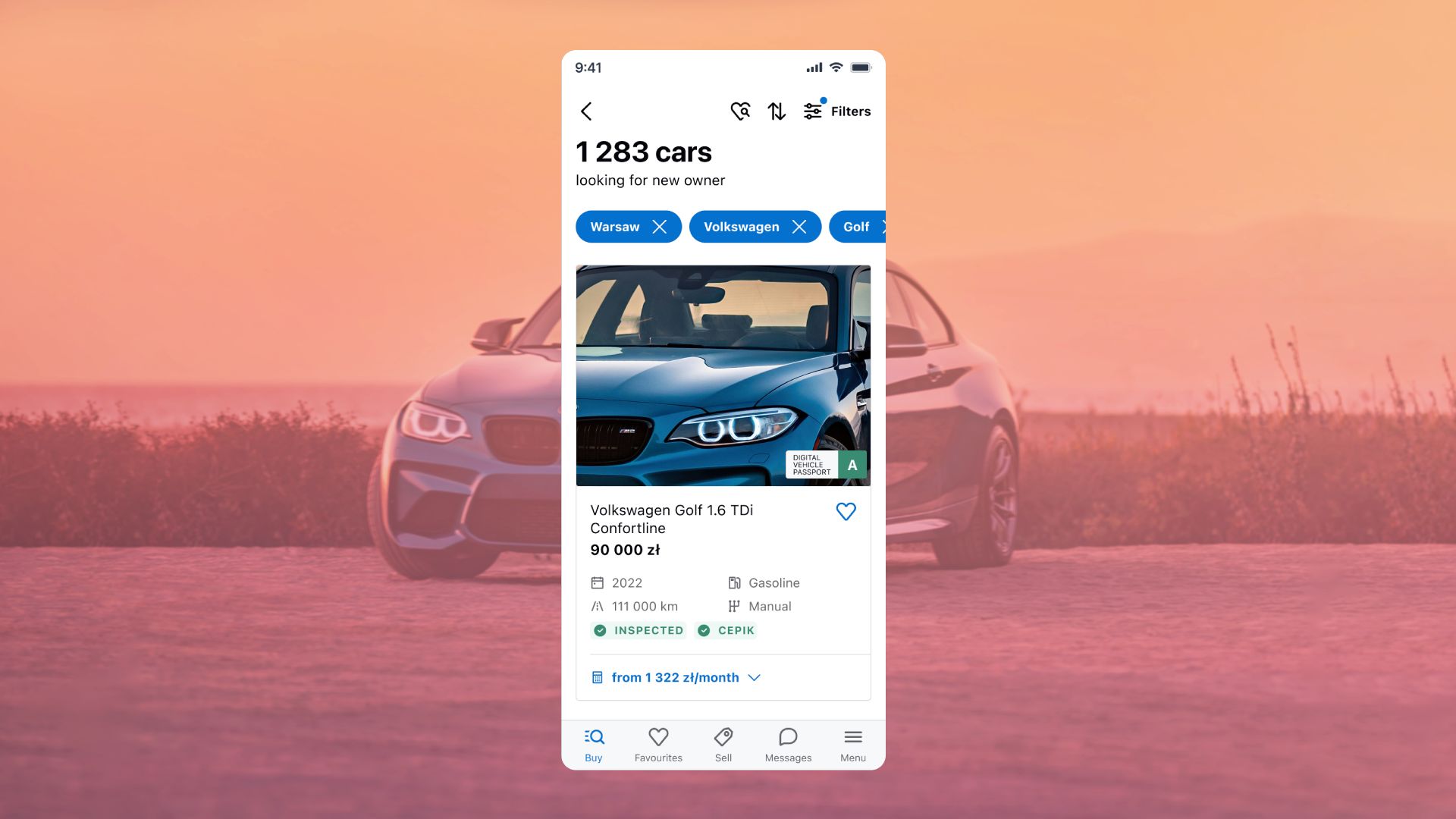 App screen of and autos marketplace's car detail page. In the background, a car blue car parked in the sunset.